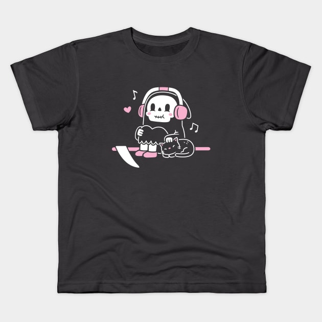 Cute Grim Reaper Taking A Break With Cat Funny Kids T-Shirt by rustydoodle